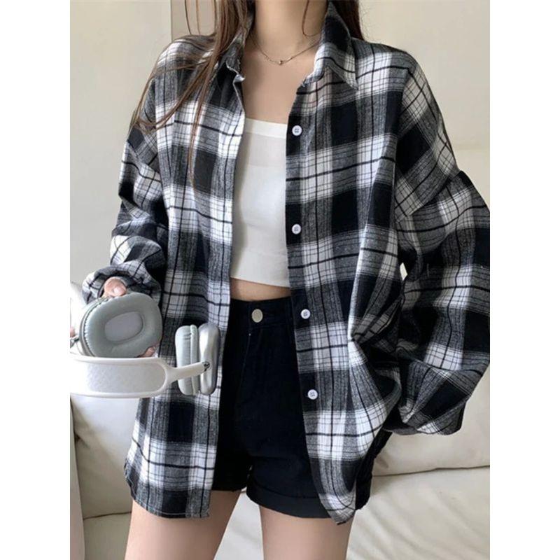 

Collar Plaid Retro Long Sleeve Shirt Women Lapel Plaid Retro Shirt Light green M