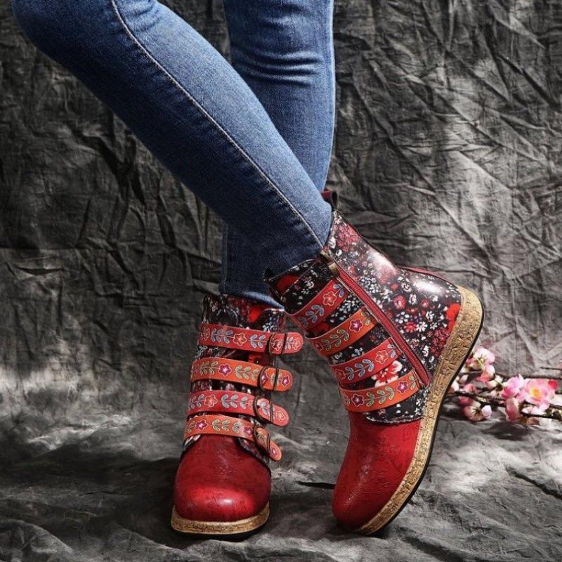 Large size printed metal buckle fashion boots autumn and winter new thick-soled round head going out women's boots