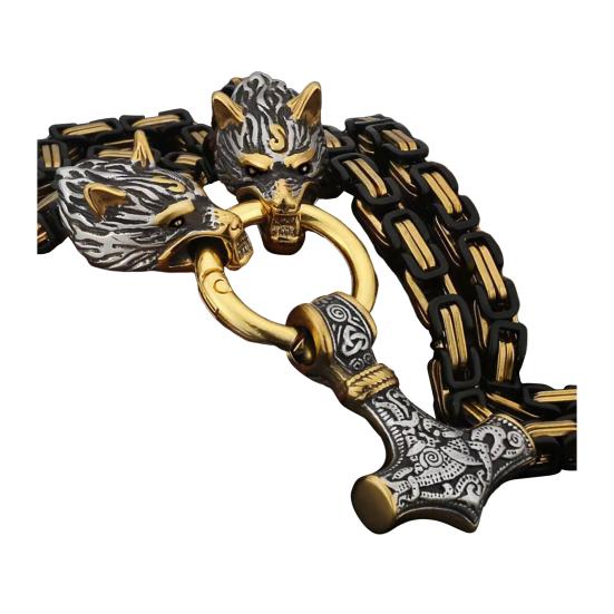 Men Necklace Retro Nordic Viking Style Hammer Wolf Head Pendant Amulet Thick