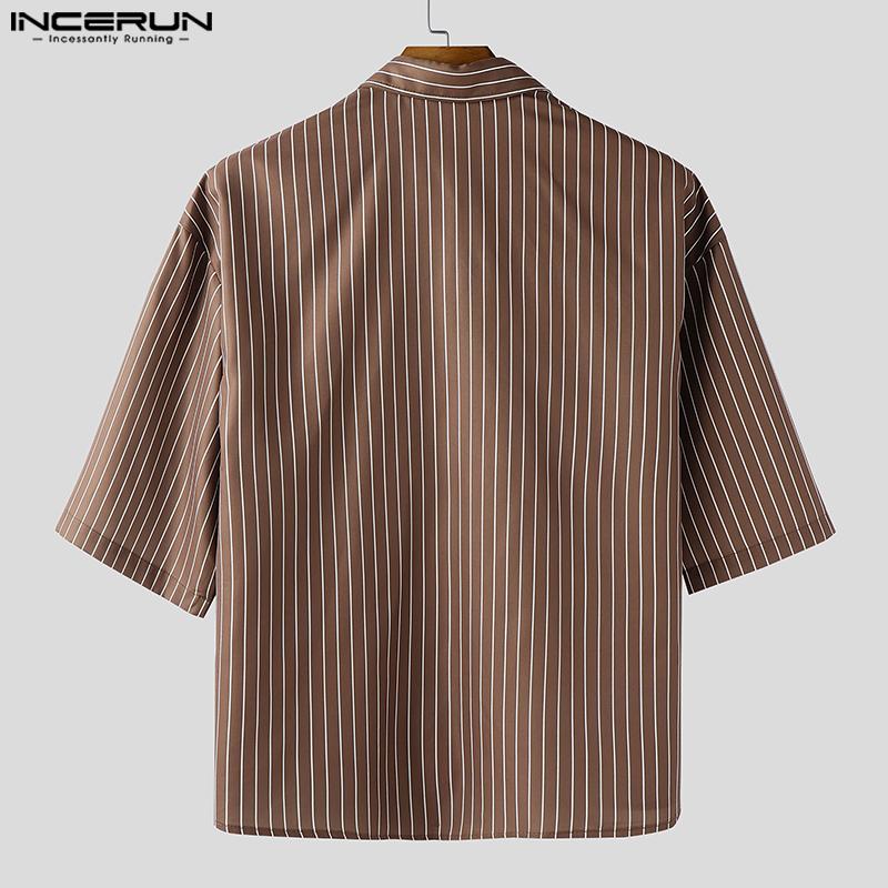 INCERUN Men Summer Tie Up Half Sleeve Striped Loose Casual Shirts Tops