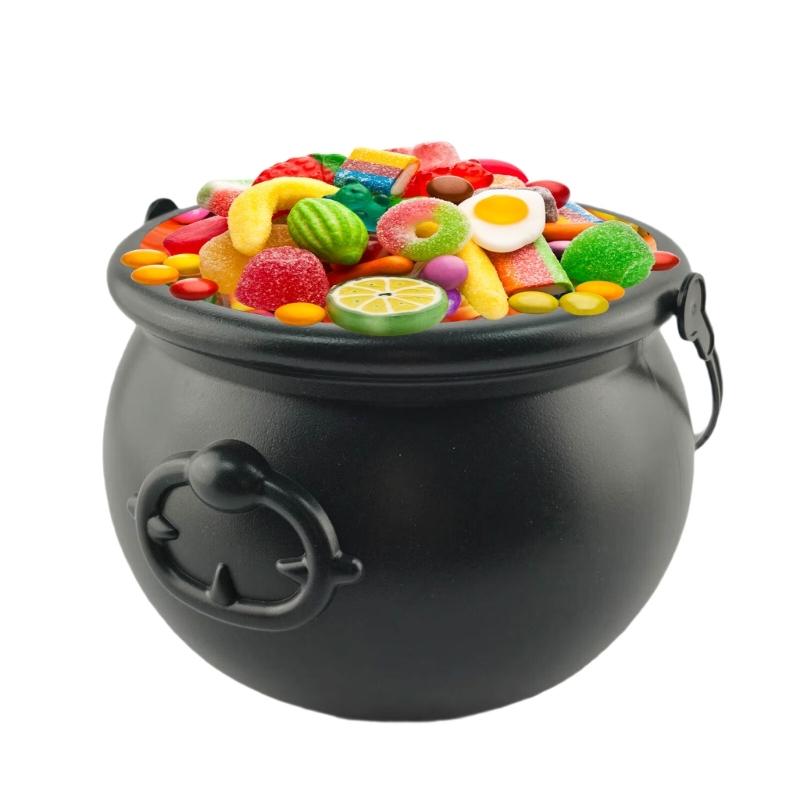 6 Piece Plastic Witch Cauldron Bucket Black Candy Container Treats Bowl for Halloween Party Supplies DIY Craft Decors