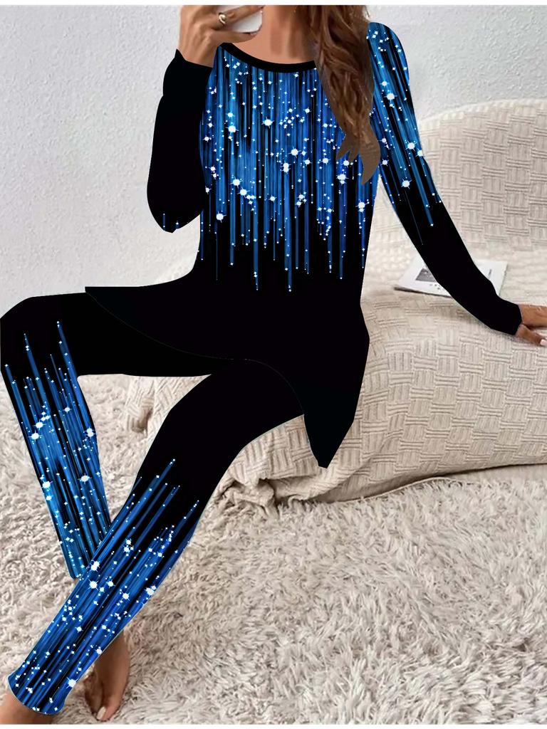Euro-amerikanische Mode 3D Abstrakt bedrucktes Damen Vier-Jahreszeiten Langarm T-Shirt + Lange Hose Zweiteiliges Set. Perfektes Geschenk für Neujahr & Weihnachten