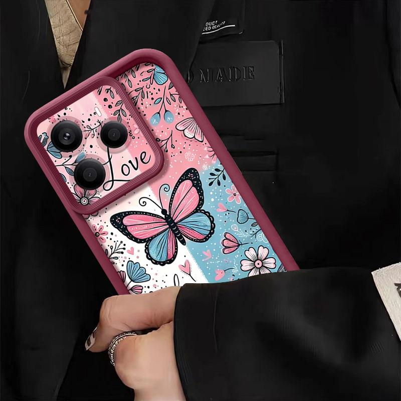 Blue Pink Butterfly Floral Pattern Case For Xiaomi 14T 13T 11T Pro Funda Redmi Note 14 13 Pro 5G 4G 12 11 Shockproof Bumper Silicone Cover