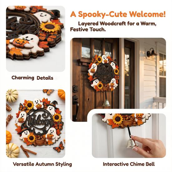 Durable Door Sign for Porch Halloween Pumpkin Ghost Wooden Welcome Hanger Sign, Cute Wall Ornament with Bell Front Hanging Rope, Decor Indoor Outdoor
