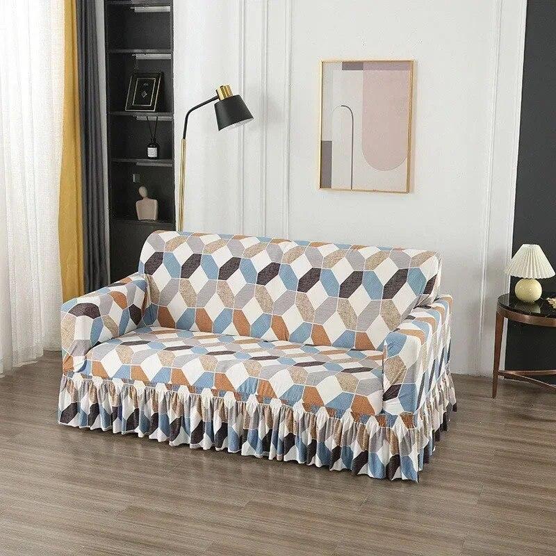 Sofaovertrekk med stort skjørt i europeisk stil, universalstoff for alle fire årstider, sklisikkert sofaovertrekk, full dekning, sofahåndkle med pute