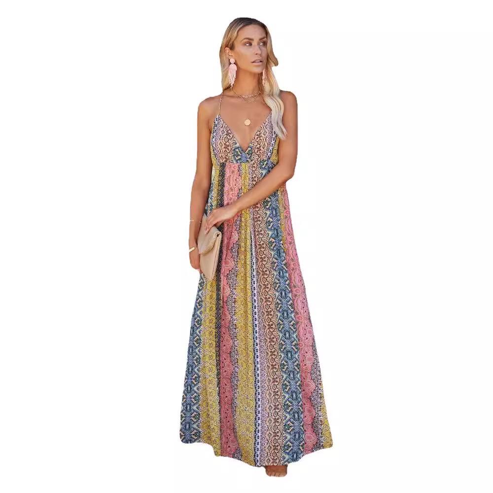 2026 Summer V-Neck Floral Spaghetti Strap Maxi Dress, Women's Backless Design