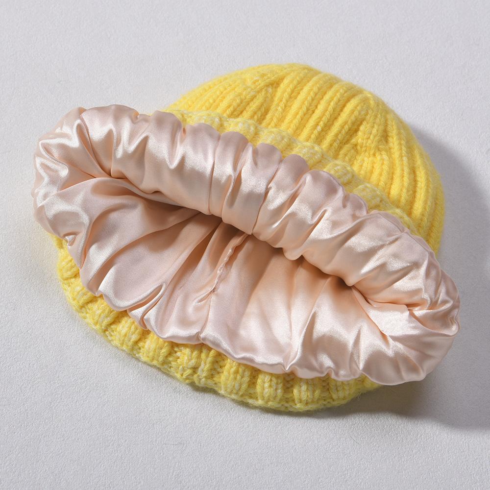 Versatile series children's rabbit velvet knitted hat solid color lined outdoor satin lined wool hat, source