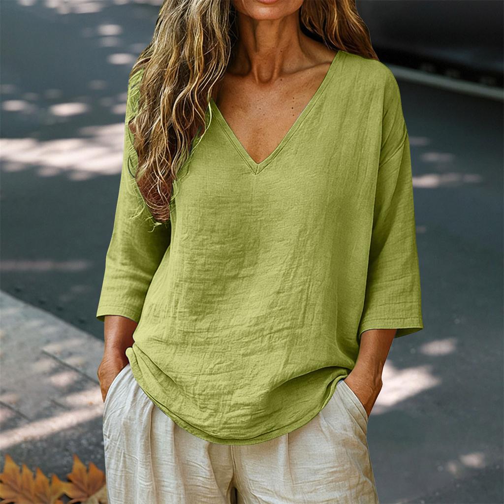Women's Relaxed Fit V Neck Linen Cotton Three Quarter Sleeve Casual Blouse Top for Everyday Wear and Comfort