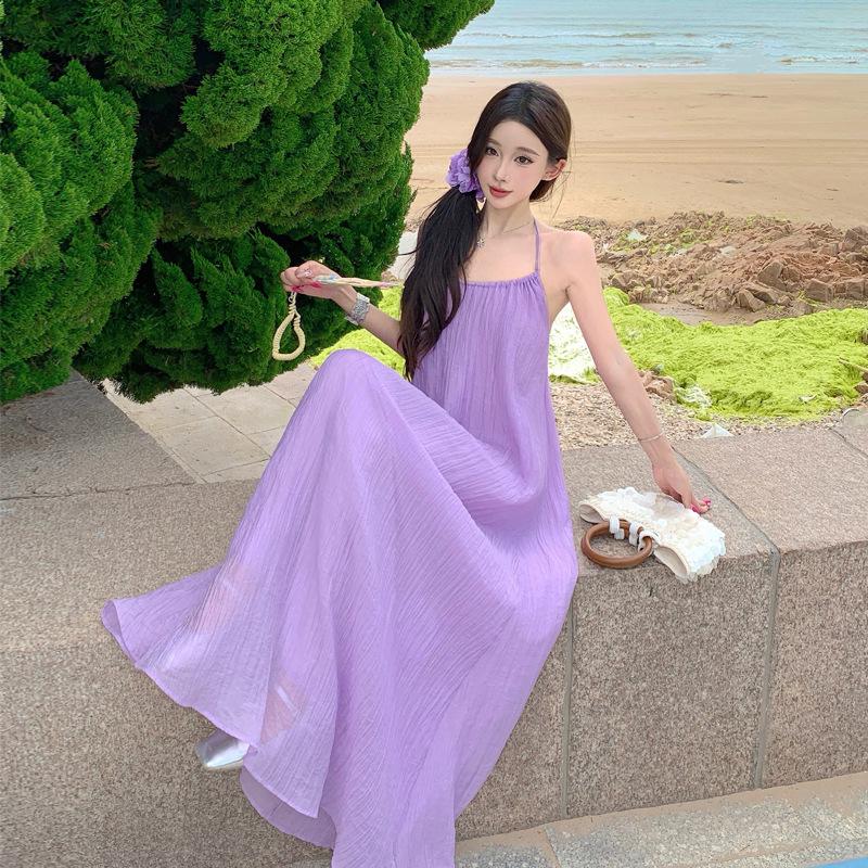 French Tourism Seaside Vacation Style Temperament Neck Sling Dress Women's Summer Design Loose Purple Dress