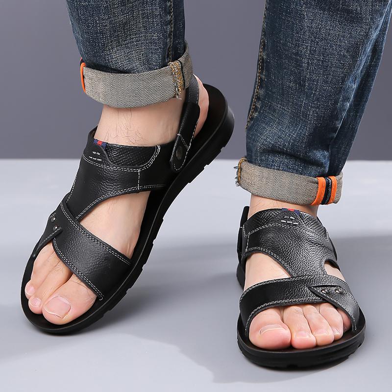 Herren Schwarz Leder Sandalen Sommer Braun Outdoor Wandersandalen Outdoor Breite Zehenpartie Strandschuhe für Vater Übergröße