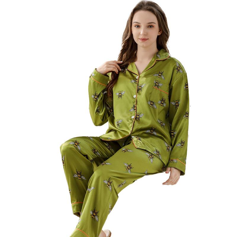 Fashion Ice Silk Pajamas Women'S Long-Sleeved Trousers Light Luxury Retro Bee Printed Loungewear Suit Can Be Worn Outside