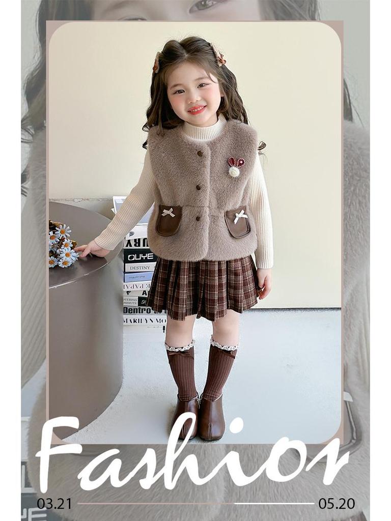 Mädchen Modische 2025 Herbst/Winter Pelzweste & Strickpullover mit Plisseerock Set