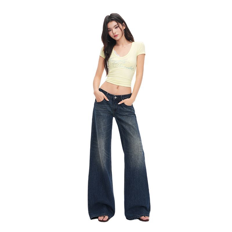 Spring Summer Basic All Match Slub Blue Raw Wash Straight Denim Pants For Ladies Casual Pants Oversize Denim Trousers