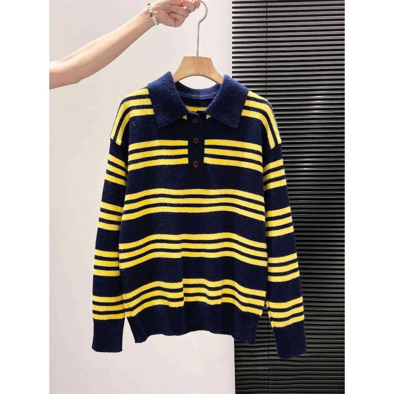 

Осенне-зимняя атмосфера шикарное сочетание цветов полосатый вязаный свитер отложной воротник свободный длинный рукав ленивый стиль базовый топ женский L темно-синий