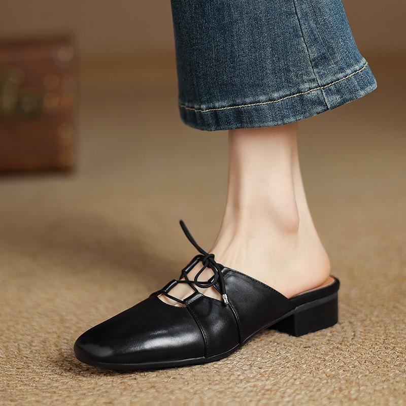 Fashion New Summer Women Mules Genuine Leather Shoes for Women Round Toe Low Heel Shoes Cover Toe Slip-on Women Sandals Retro Slippers