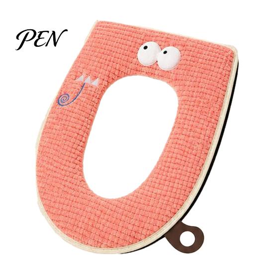 Hygienic Toilet Seat Lifter Zippered Cover with Handle, Warm Soft Jacquard Suede Cushion Mat, Cartoon Pattern Washable Bathroom Pad for Most Standard