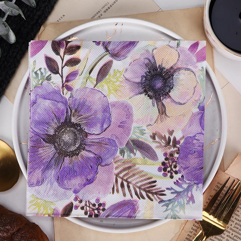 20pcs/bag Retro Purple Flower Printed Napkins Paper Disposable Tableware Wedding Bridal Party Decoration