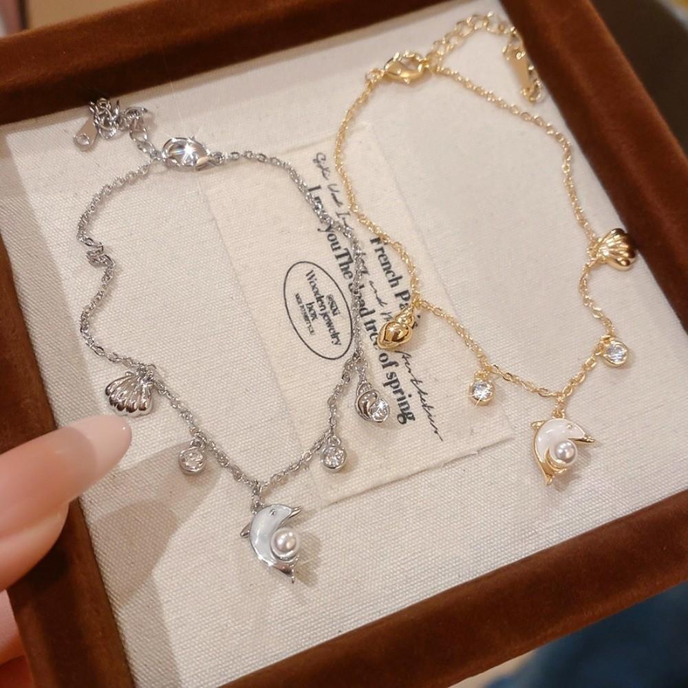 Sea Series Metal Shell Dolphin Bracelet Imitation Pearl Beach Hand Chain  Beach