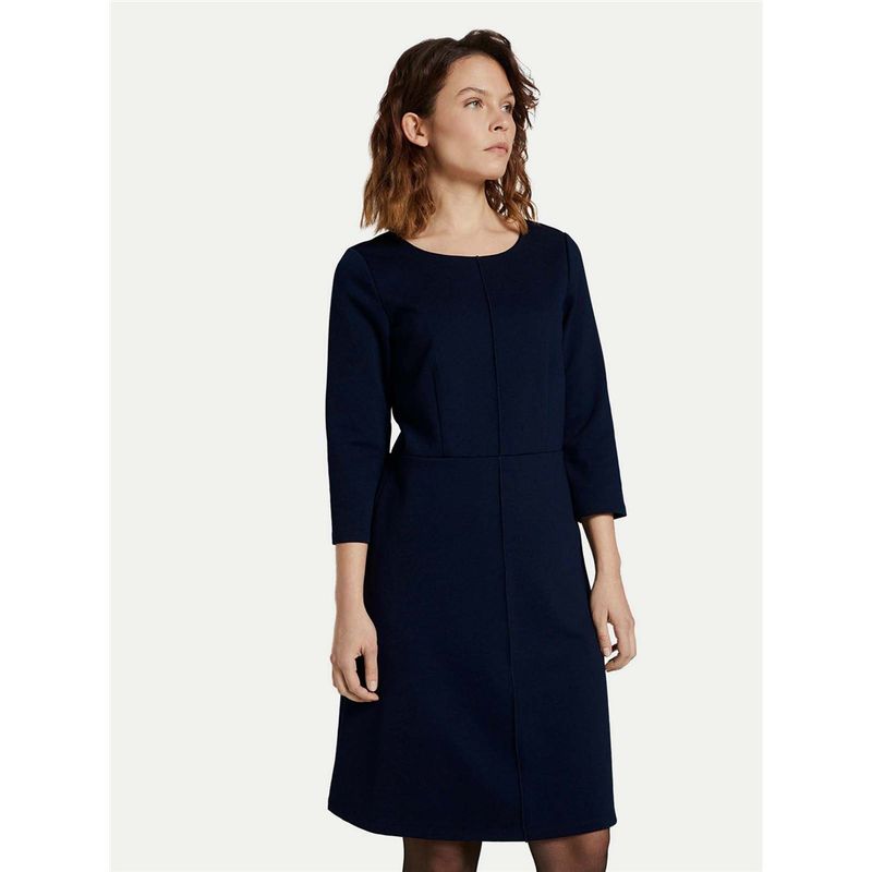 

German Original Single Micro Elastic Simple Elegant Lines Spring Women 3/4 Sleeve a Swing Zip-up round Neck Dress Navy 38(M)