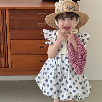 Girls Cotton Dress Children Clothes 2023 Summer Girls Blue White Polka Dot Bubble Princess Dresses for 2 3 4 5 6 7 Years Old