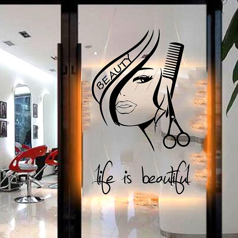 BIBITIME Modern Fashion Beauty Girl Cut Hair with Scissors Comb Barber Shop Wall Decal Window Sticker Hairdressing Salon Creative Personality Vinyl