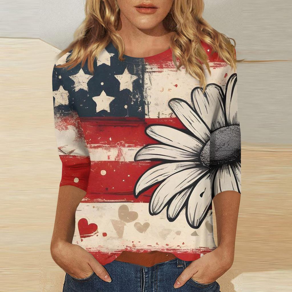 Women's Independence Day Print Round Neck Seven-Eighths Sleeve Top