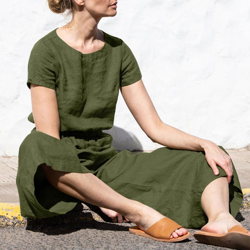 (Spicy chicken)Women's Fashion Loose Casual Solid Color  Linen Short Sleeve Temperament Wide-leg Long Jumpsuit Linen Pants For Women Belt Included