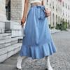 Women Elastic High Waist Bandage  A Line Ruffles Jean Denim Skirt
