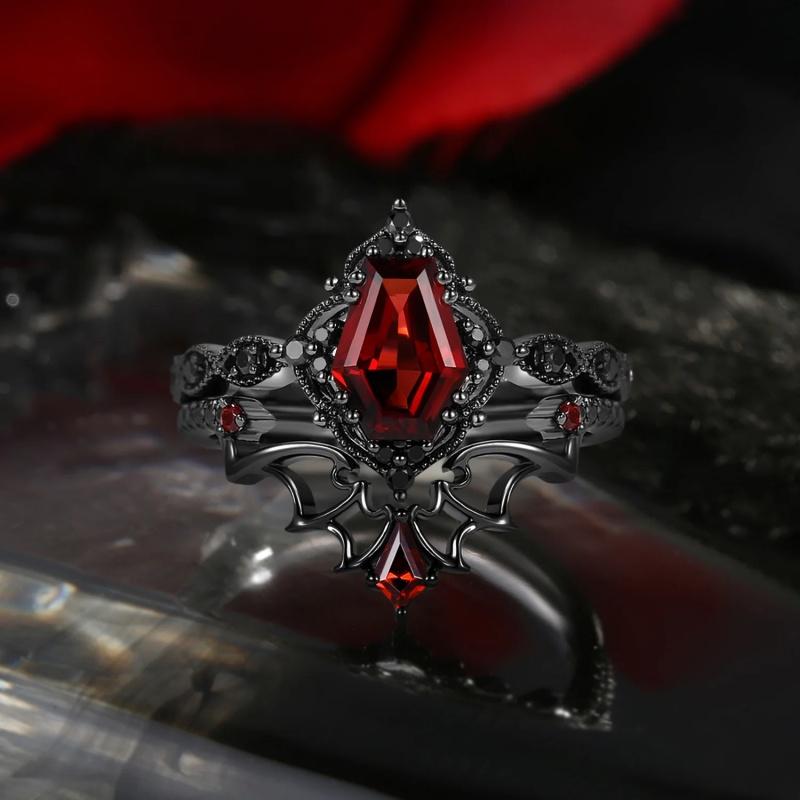 s/set Fashionable Inlaid Red Synthetic Zirconia Black Double-layer Ring Women's Gothic Daily Wear Jewelry Accessories Gifts