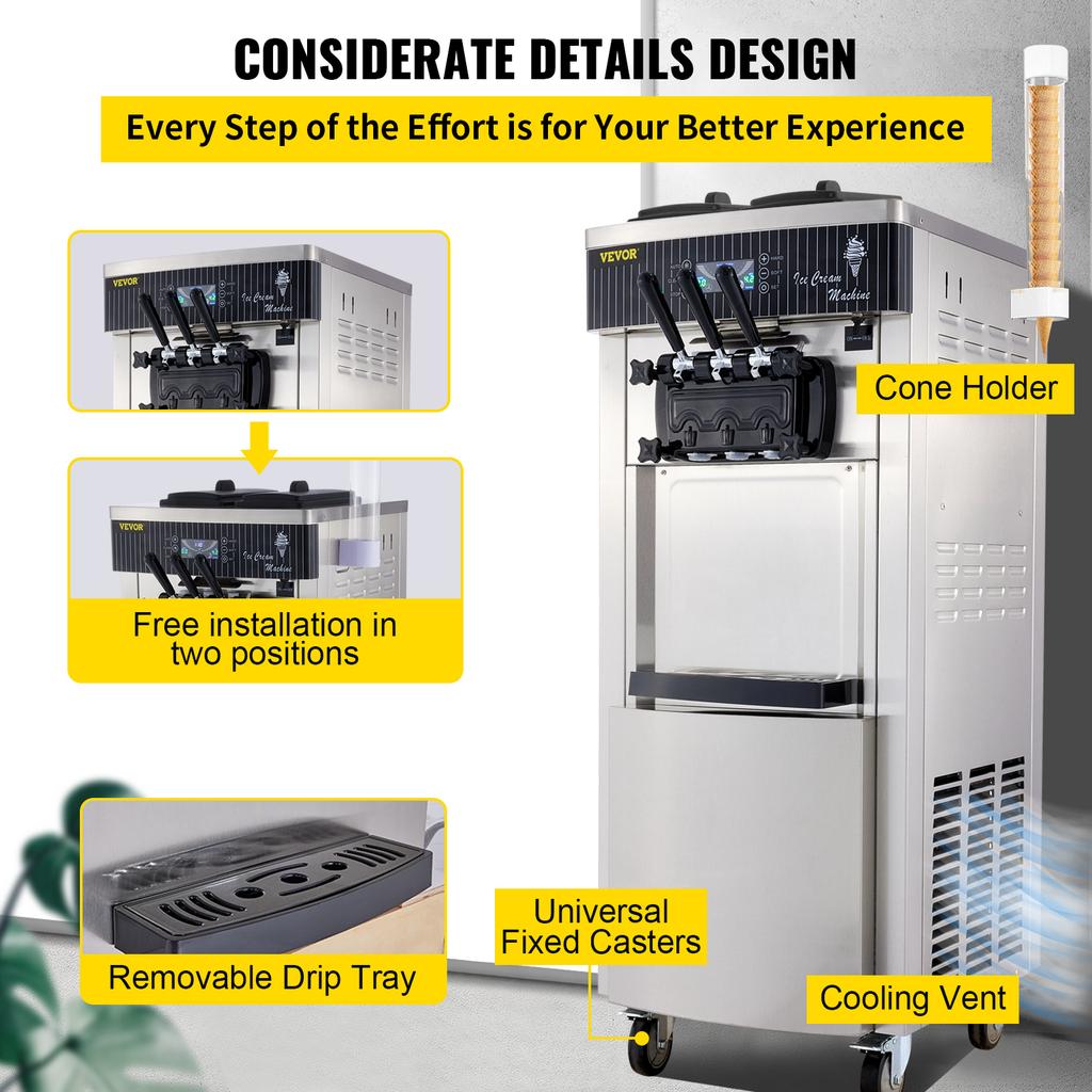 Commercial Soft Ice Cream Machine,2200W 3 Flavors Ice Cream Maker,Auto Clean LCD Panel for Restaurant