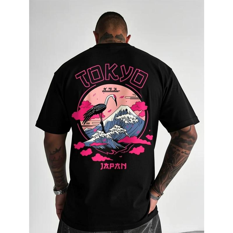 Tokyo-Themed T-Shirt Featuring Crane And Wave Designs, Comfortable, Crew Neck, Loose Fit, Ideal for Casual Wear And Travel