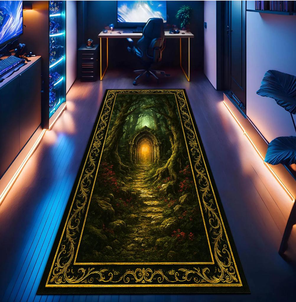 Secret Door Runner Rug Dark Green Gold Color Enchanted Archway Design Vegetation Pattern Perfect for Corridor Home Decor