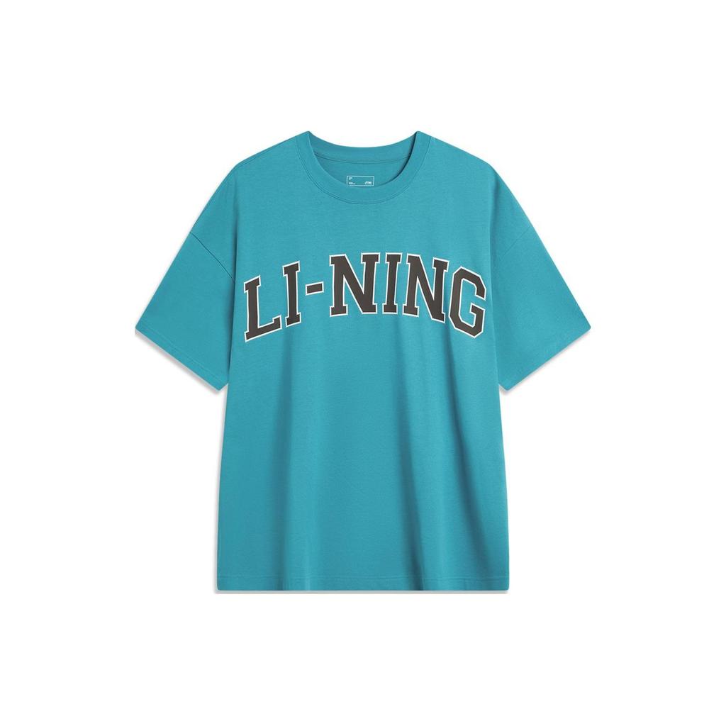 Li Ning Sports Fashion Series American Retro Round Neck Casual Loose Short Sleeve T-Shirt Unisex Tops Reef-Blue AHSU653-7