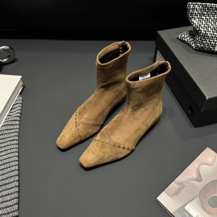 Korean version inner height-increasing suede short boots women's 2025 autumn and winter square head stitching thin boots rear zipper youth temper