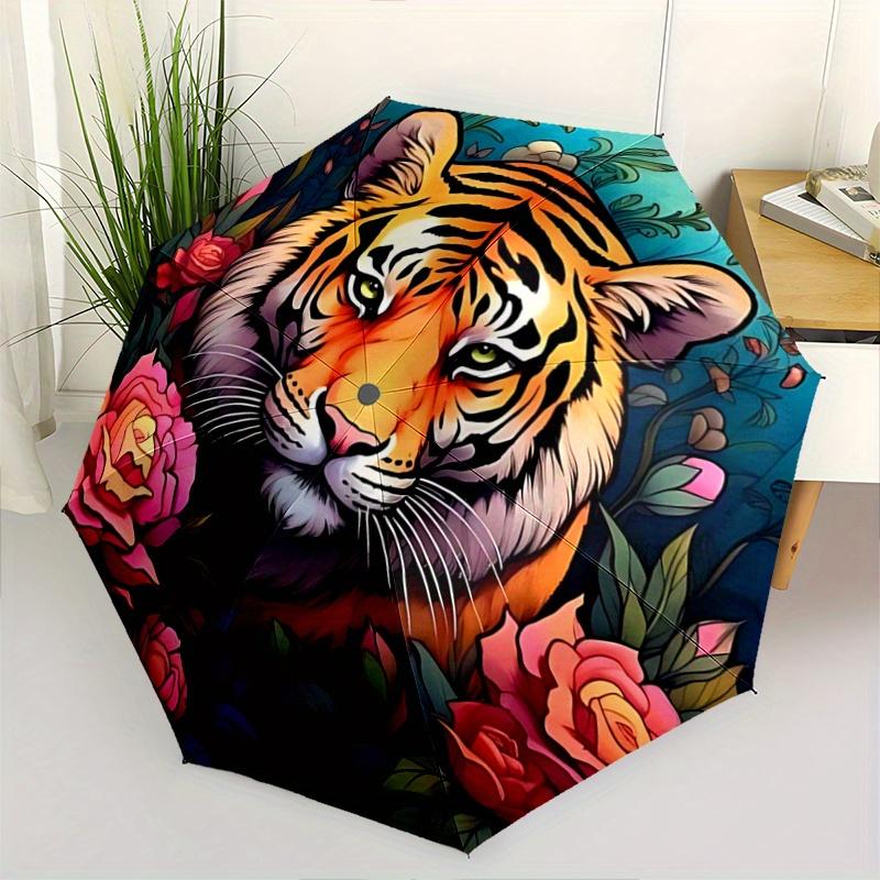 

1pc Tiger Head & Flower Automatic 3-Fold Umbrella Design, Cute Cartoon Pattern, Portable Outdoor Umbrella, Perfect, Holiday Gift for Disney fans.