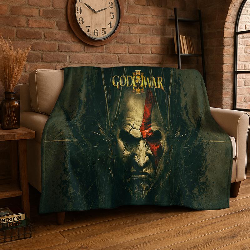Retro God of War Game Kratos Flannel Blanket Soft Warm Throw Blanket for Bedroom Living Room Bed Travel Camping Picnic Gift 75x90cm