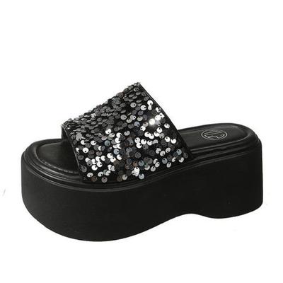 Fashion High Platform Flip-Flops Women's Summer Casual Slippers Crystal 8CM Wedge Slides Bling Chunky Sandals Open Toed Beach Slippers