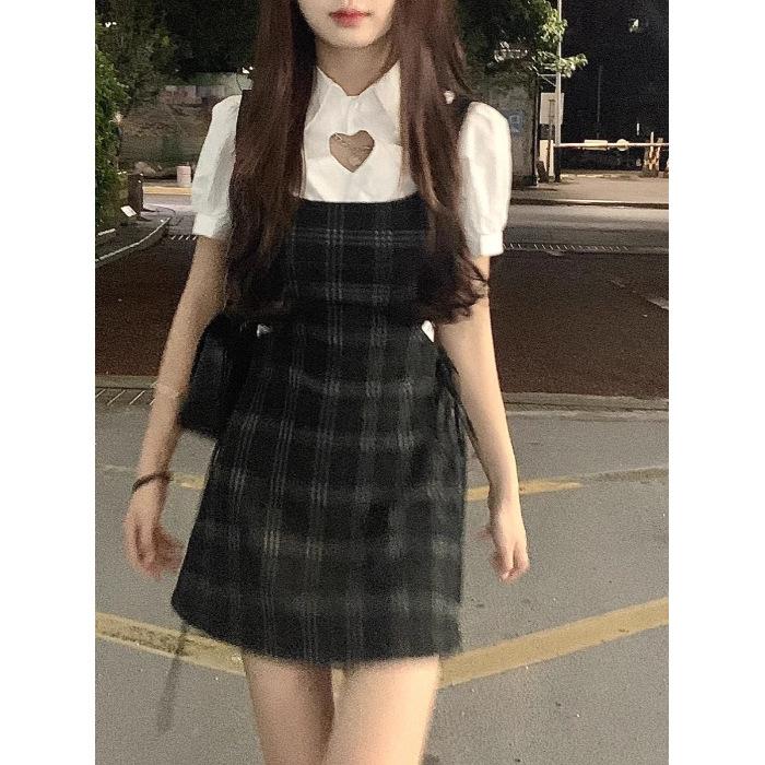 Summer new college style sweet girl shirt plaid strap skirt American retro chic two-piece skirt women S белый
