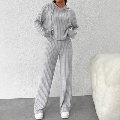 Conjunto Casual de Malha de Manga Comprida para Outono e Inverno, Moletom com Capuz Feminino, Conjunto de Duas Peças de Calças Largas