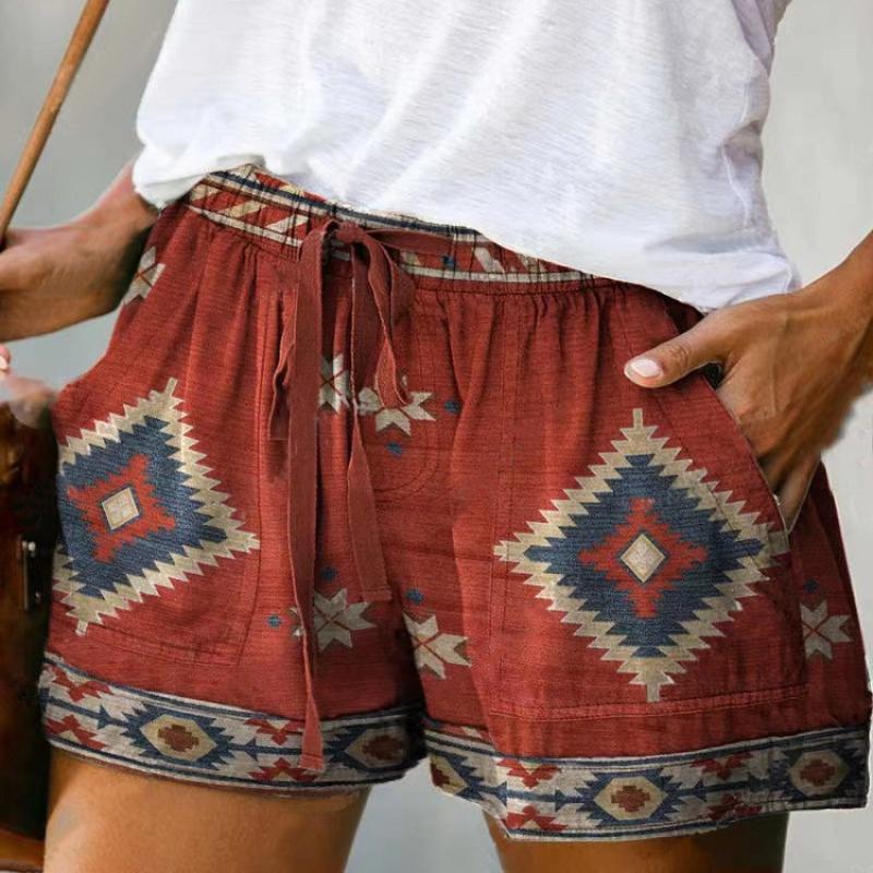 Women's Summer Trendy  Elastic Shorts Waistband Sweat Absorbing Thin Retro Print Drawstring Loose Shorts