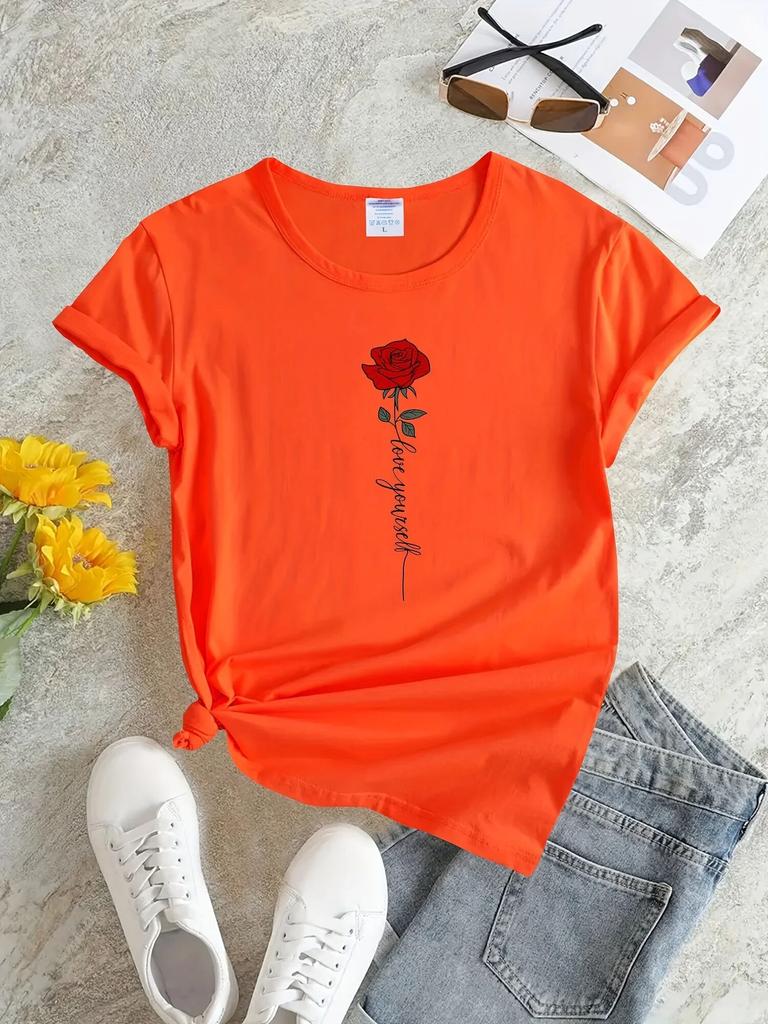 Letter & Rose Print T-Shirt, Crew Neck Short Sleeve T-Shirt, Casual Every Day Tops, WoUnisex Clothing Unisex