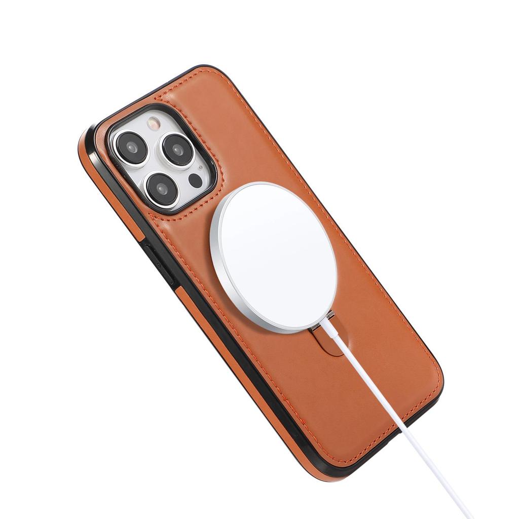 Apple 15 Pro Max Magnetic Leather Case with Wireless Charging and Stand Ring for 16 Plus.
