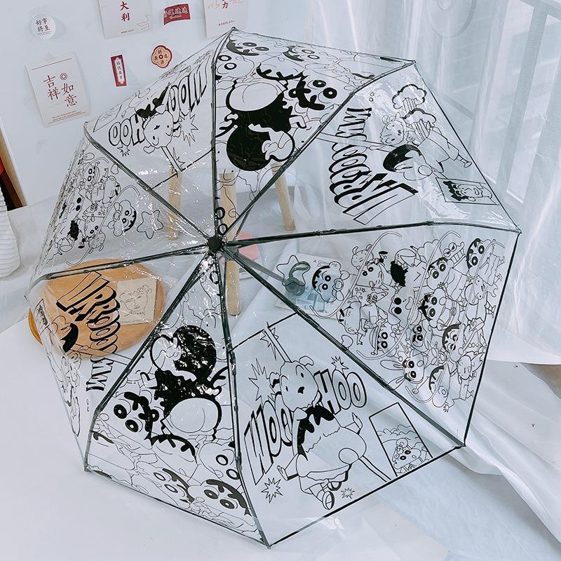 Crayon Shin-chan Auto Umbrella Black White Transparent Anime Rain Protection Portable 3-Fold Compact Umbrella with Cartoon Print