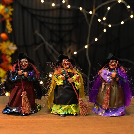 Halloween Witch Ornaments Spooky Witches Figures with Broomsticks Desktop Statue for Haunted House