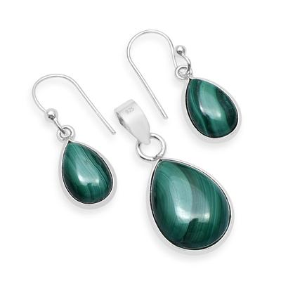 Natural Malachite Gemstones 925 Sterling Silver Tear Drop Pendant Dangle Earrings Jewelry Sets For Women & Girls