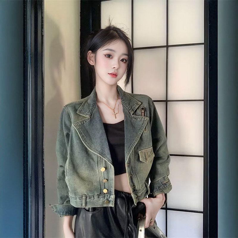 

Hong Kong Style Retro Denim Short Coat Female Spring & Fall New Arrival Trendy Long-Sleeve Tops Fashion Casual Easiest for Match Locomotive Jacket Retro Blue S [Recommendation 40-50kg]