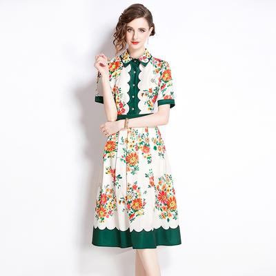 Summer Women's Designer Print Runway Dresses Short Sleeve Turn-down Collar Shirt Party Dress