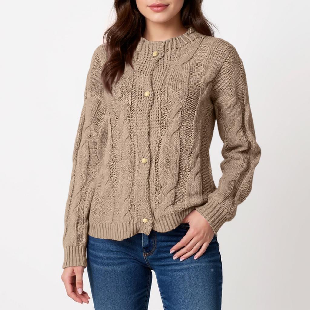 Damen Rundhals Langarm Zopfmuster Strickjacke Einfarbig Locker Gestrickte Strickjackenpullover Jacke