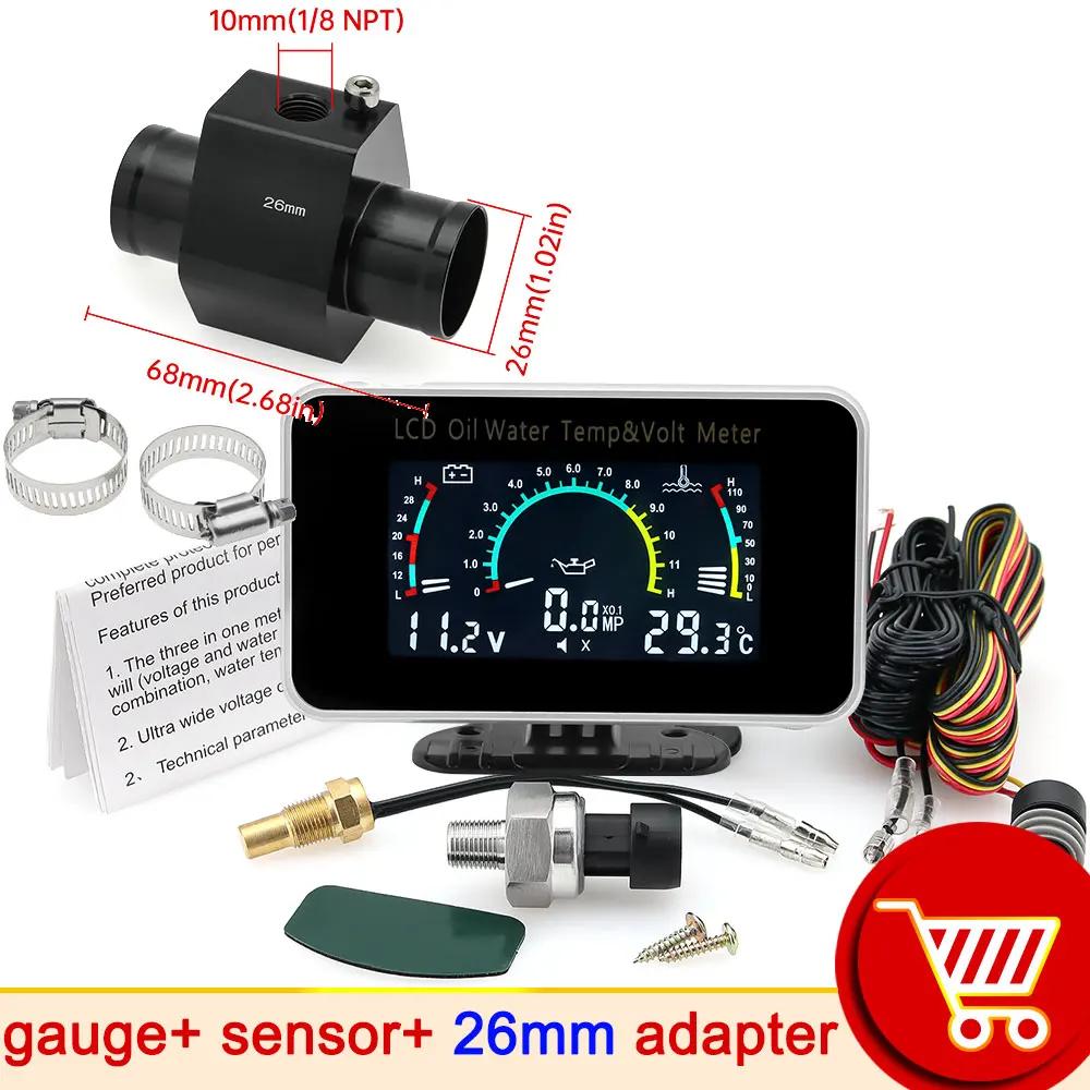 AD 3 In 1 LCD Automobile Digital Water Temperature Gauge Oil Pressure Gauge Voltmeter Water Temperature Sensor Adapter for Car