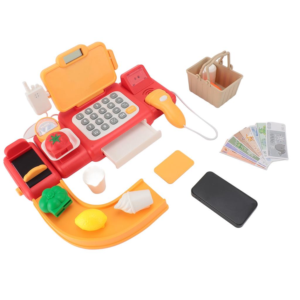 Cash Register Toy for Kids with Checkout Scanner Play Food Set Play Calculator Credit Card Rder Voice Broadcast Pretend Cash Register